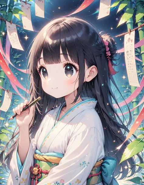 (masterpiece, best quality, high quality, highres, ultra-detailed), (Many colorful tanzaku:1.1), (Green Bamboo Leaves:1.3), black hair, black eyes
****ung woman, kimono-clad, gentle smile, writing wish on tanzaku (short poem paper), bamboo branch adorned with colorful streamers, starry night sky, serene atmosphere, Studio Ghibli style, soft pastel colors, delicate brushstrokes, sense of hope and dreams, perfect for a greeting card or a children's book illustration, high-resolution artwork, intricate details.
<lora:neg4all_bdsqlsz_xl_V91:1> <lora:å¥½åç±³-æ··åæ§å¶:1> <lora:sdxl_detail_B:0.3>