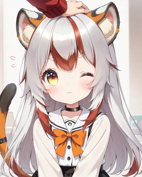 score_7_up,score_6_up,tail,cat_ears,cat_tail,animal_ears,headpat,1girl,braid,solo_focus,pov headpat,anime_source,one eyes closed,light frown,2.5D,
<lyco:jbxl16:0.7>,tiger ears,(White hair,red hair,multicolored hair),