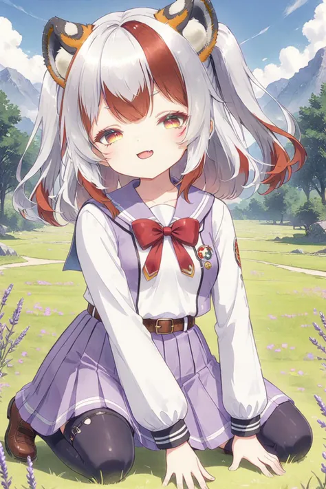 rating_safe,source_anime,detailed eyes,outdoors,grass,crouching,school uniform,lavender skirt,belt leggings,two side up,open mouth,fang,small breasts,smug,half closed eyes,smile,(looking away),
<lyco:jbxl16:0.8>,tiger ears,(White hair,red hair,multicolored hair),