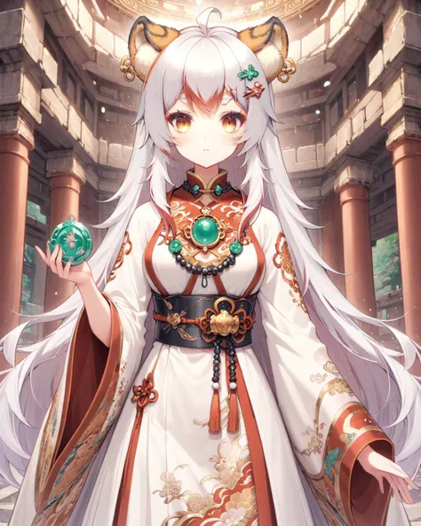 Intricate embroidery on a silk dragon robe,with pearls and jade ornaments.,
Inside an ancient temple,
Girl: Long,flowing hair with dragonfly-shaped hairpins,holding a dragon-shaped jade pendant.,<lyco:jbxl10:0.8>,tiger ears,(White hair with some red hair),