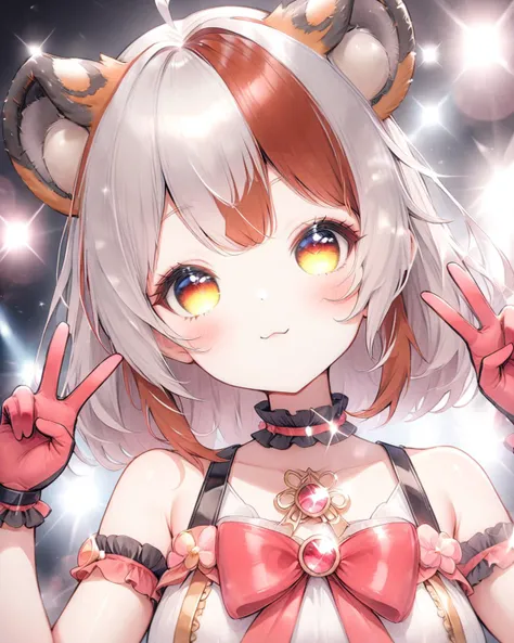 cinema angle,highres,beautiful color,1girl,solo,depth of field,stage light,:p,v,double v,face focus,blush,naughty face,idol,(idol clothes),sparkle,gloves,bare shoulders,<lyco:jbxl16:0.7>,tiger ears,(White hair,red hair,multicolored hair),