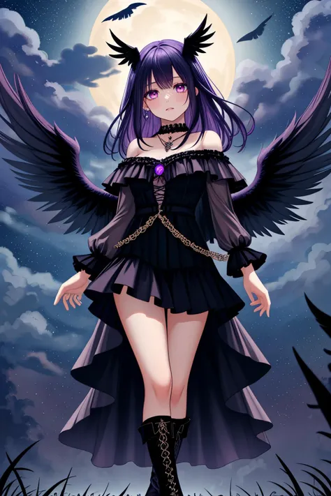 <lora:LCM_LoRA_Weights_SD15:1>,<lora:detail_slider_v4:1.4>,(haunting dark angel with (black wings):1.3) 28yo old adult Woman, Medium build, medium brown curtain bangs hair, indian, mocha skin, light brown eyes, dressed in a deep purple satin bodice, layered skirt with dark details, heeled boots with dark motifs, dark purple lipstick, obsidian pendant necklace,dark veil, set in a twilight sky, with fading light, rising stars, the first glimpse of night, and an air of magic, under the full moon,