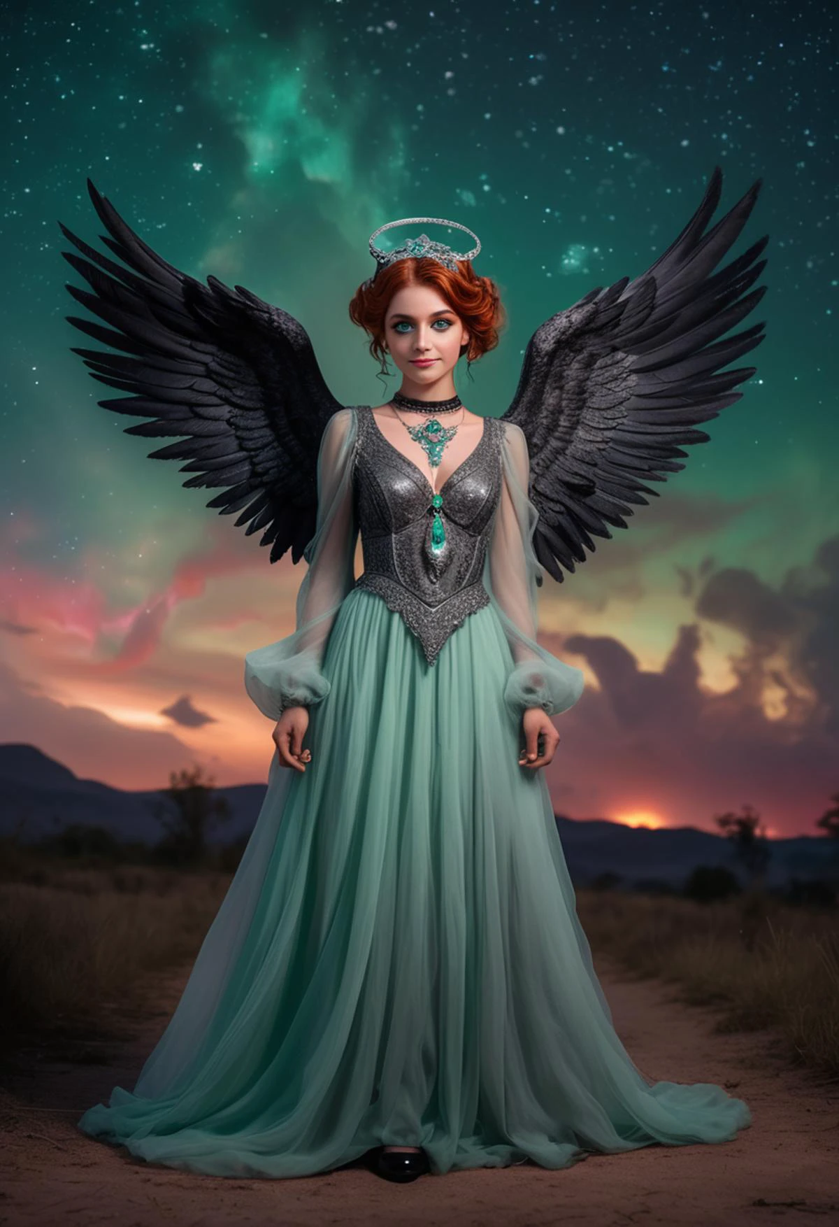 (medium full shot) of (ethereal dark angel with black wings) young woman, Average build, medium ginger updo hair, persian, mahogany skin, jade green eyes, dressed in a silver victorian dress, velvet shoes with intricate details, smoky eyeshadow, silver pendant necklace mystic headpiece, set in a vibrant night sky, with shooting stars, colorful nebulas, a sense of wonder and awe, woman smiling, ,Masterpiece,best quality, raw photo, realistic, very aesthetic