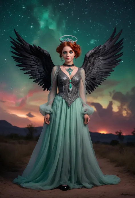 (medium full shot) of (ethereal dark angel with black wings) young woman, Average build, medium ginger updo hair, persian, mahogany skin, jade green eyes, dressed in a silver victorian dress, velvet shoes with intricate details, smoky eyeshadow, silver pendant necklace mystic headpiece, set in  a vibrant night sky, with shooting stars, colorful nebulas, a sense of wonder and awe, woman smiling, ,Masterpiece,best quality, raw photo, realistic, very aesthetic