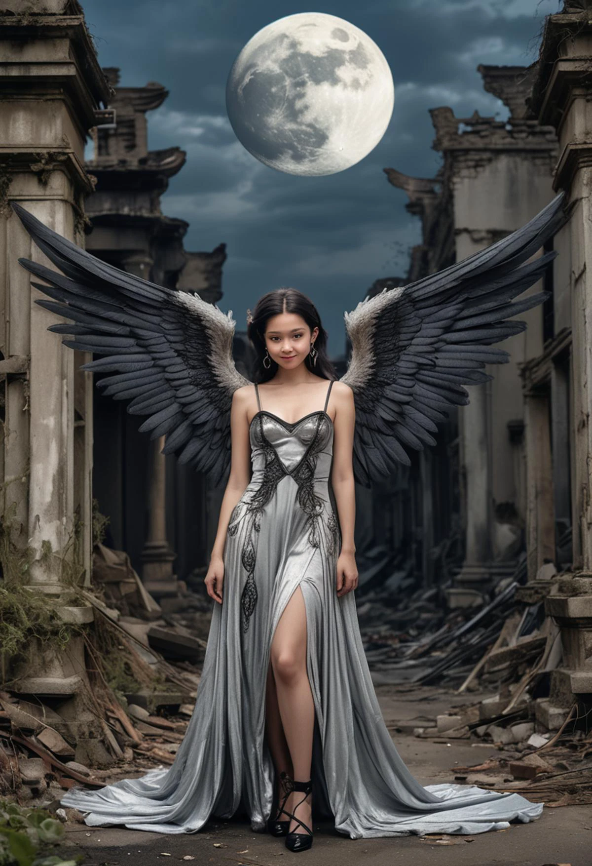 (medium full shot) of (celestial dark angel with black wings) young woman, petite build, medium dark french twist hair, chinese, light skin, hazel eyes, dressed in a silver velvet gown with ethereal designs, leather shoes with intricate details, dramatic eyeliner, black earrings holding a mystic orb, set in overgrown city ruins, with collapsed buildings, wild nature, haunting light, lost artifacts, under the full moon, woman smiling, ,Masterpiece,best quality, raw photo, realistic, very aesthetic