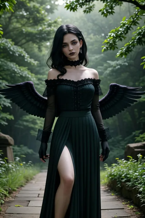 <lora:LCM_LoRA_Weights_SD15:1>,<lora:detail_slider_v4:1.1>,(ethereal dark angel with black wings) 46yo old middle-aged Woman, tiny build, medium deep indigo side-swept bangs hair, american, fair skin, light green eyes, dressed in a black off-shoulder blouse, maxi skirt with ethereal accents, block heels with dark accents, black lipstick, dark lace gloves,black earrings, set in a secluded ancient forest, with blooming flowers, tranquil setting, gentle light, hidden beauty, during twilight,product photography, crisp details, clean composition, attention to detail, professional lighting, precise focus, appealing aesthetics, capturing textures, high-quality imagery, commercial appeal, creative presentation,