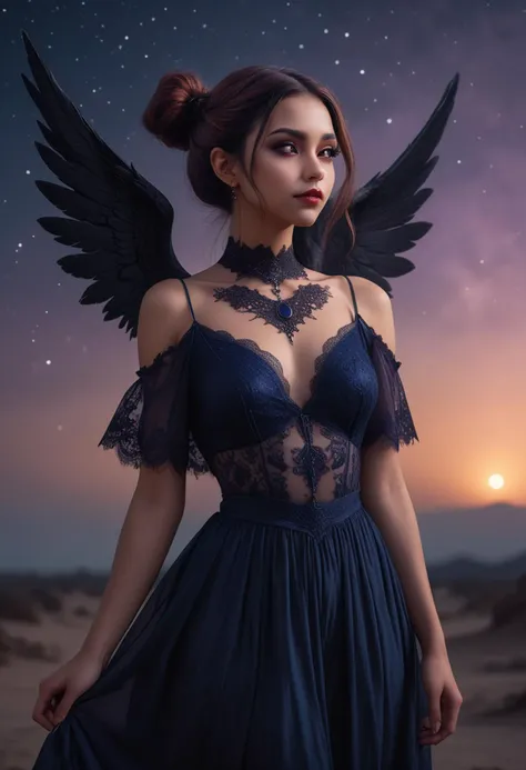(medium full shot) of (enchanting dark angel with black wings) young woman, willowy build, extra long red low bun hair, arabian, tan skin, light brown eyes, dressed in a dark blue lace gown with ethereal designs, ballet flats with gothic designs, dark purple lipstick, holding a mystic orb gothic choker, set in a twilight sky, with fading light, rising stars, the first glimpse of night, and an air of magic, during twilight, woman smiling, ,Masterpiece,best quality, raw photo, realistic, very aesthetic, dark