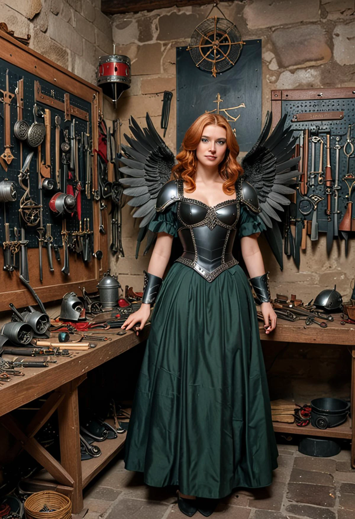 (medium full shot) of (enchanting dark angel with black wings) young woman, Medium build, long ginger retro hair, french, tan skin, dark green eyes, dressed in a dark crimson elegant dark gown, ballet flats with gothic designs, smoky eyeshadow, obsidian pendant necklace holding a dark feathered fan, set in ancient castle Armory, Sturdy chamber lined with racks of gleaming weapons, suits of armor standing sentinel, a workbench cluttered with tools and metal scraps, banners hanging from the walls displaying heraldic symbols, a training area with straw dummies and wooden targets, during twilight, woman smiling, ,Masterpiece,best quality, photo, realistic, very aesthetic, detailed face,