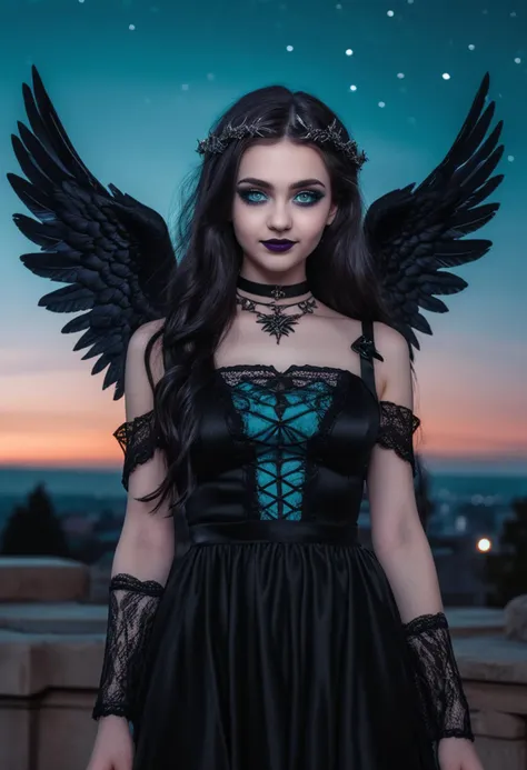 (medium full shot) of (otherworldly dark angel with black wings) young woman, petite build, long dark half-up half-down hair, french, light skin, turquoise eyes, dressed in a obsidian modern dress, loafers with gothic designs, dark purple lipstick, dark lace gloves gothic choker, set in  a twilight sky, with fading light, rising stars, the first glimpse of night, and an air of magic, during twilight, woman smiling, ,Masterpiece,best quality, raw photo, realistic, very aesthetic