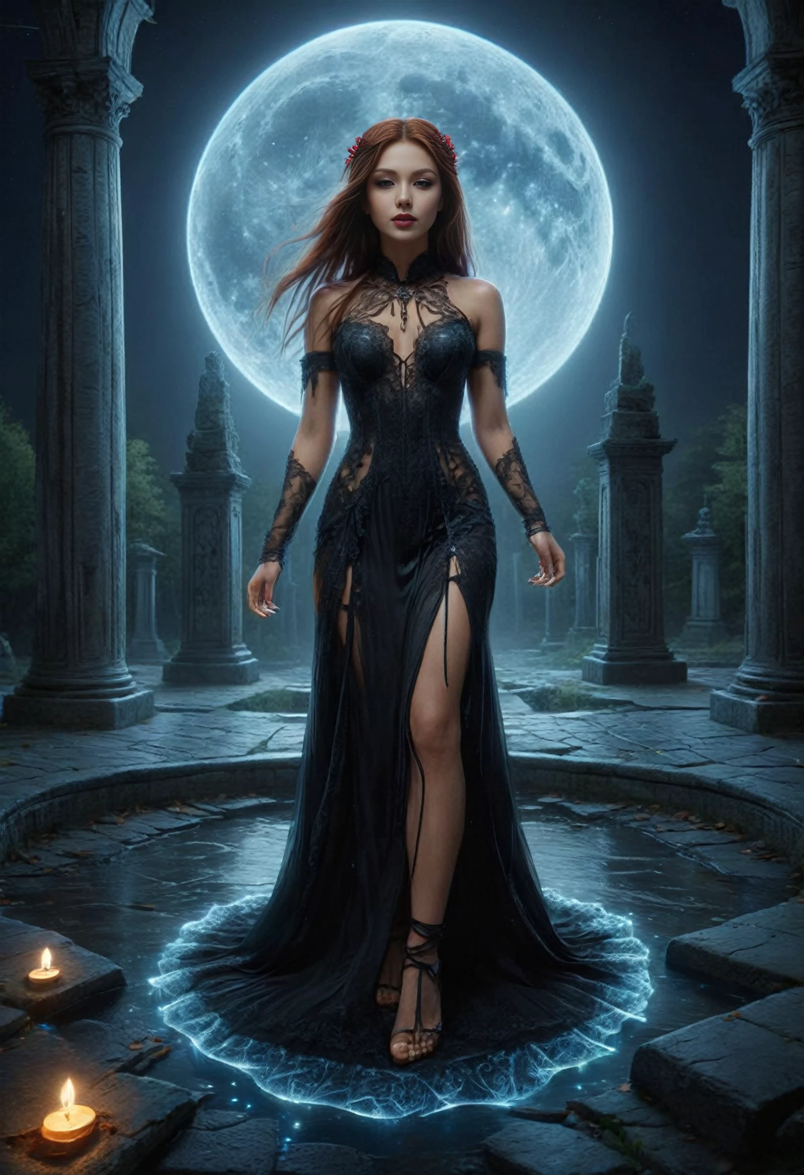 ais-blmn (spectral dark angel with black wings) young woman, curvy build, extra long ginger bun hair, philippine, light skin, hazel eyes, dressed in a obsidian off-shoulder blouse, gothic trousers with dark accents, wedge heels with dark accents, deep red lipstick, obsidian pendant necklace,dark lace gloves, set in a twilight forest, bathed in the soft glow of dusk, with silent, serene paths and ethereal light, dynamic pose, <lora:Biol:1>