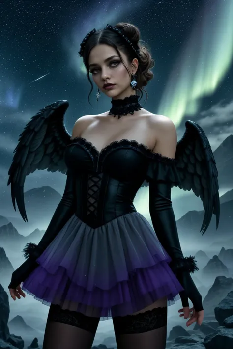 <lora:LCM_LoRA_Weights_SD15:1>,<lora:detail_slider_v4:1.4>,(ethereal dark angel with (black wings):1.3) 34yo old middle-aged Woman, plump build, short metallic silver messy bun hair, american, light skin, hazel eyes, dressed in a deep purple off-shoulder blouse, mini skirt with ethereal accents, ballet flats with gothic designs, dramatic eyeliner, black earrings,dark lace gloves, set in a mystical night sky, with auroras, shimmering stars, an otherworldly ambiance,