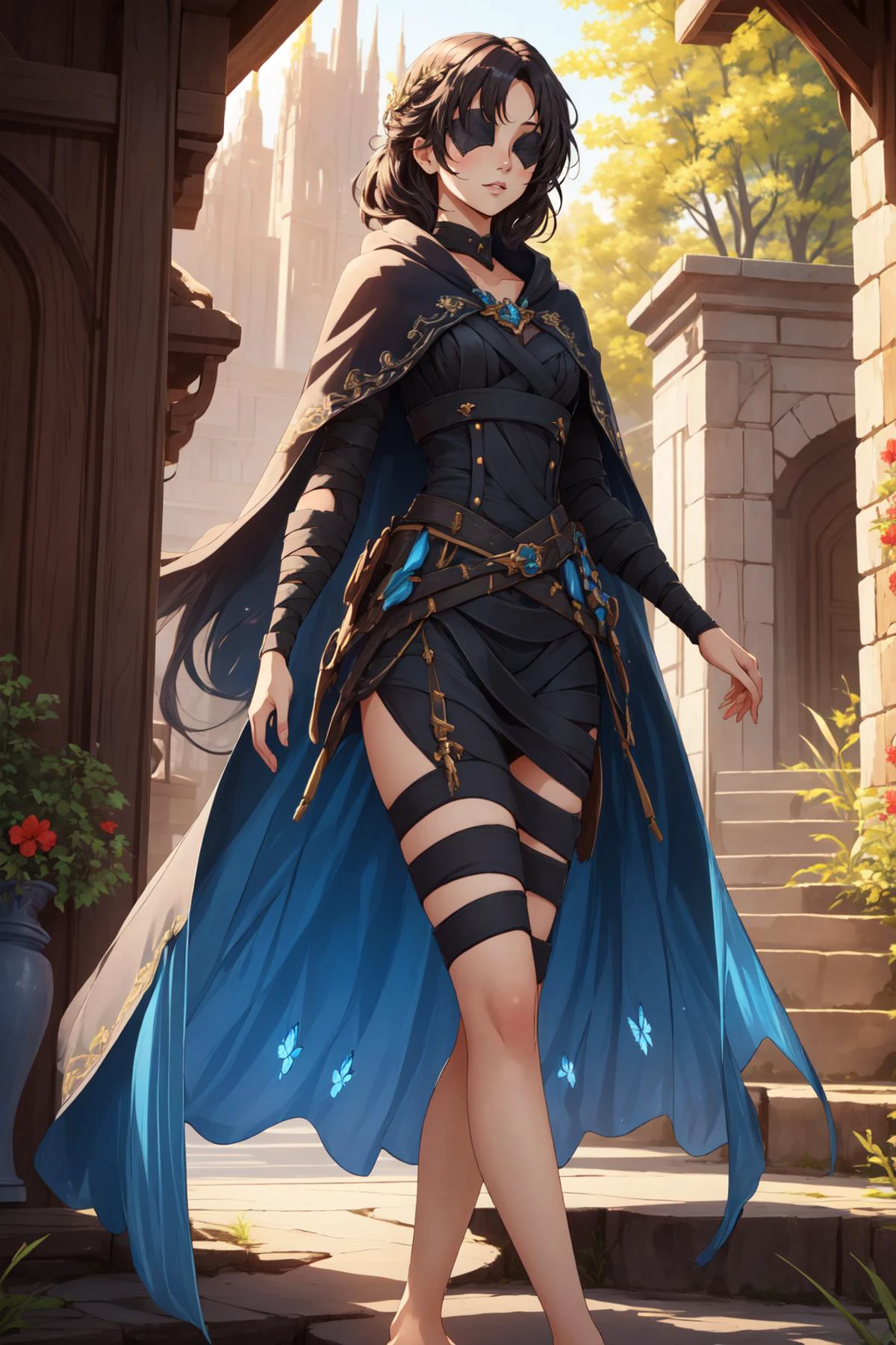 (masterpiece, best quality), intricate details,
1girl, <lora:maideninblack-nvwls-v1:0.8> maideninblack, cape, , bandages, covered eyes, bare feet,
<lora:fairy_dress-1.0:0.8> fairy dress, black dress,