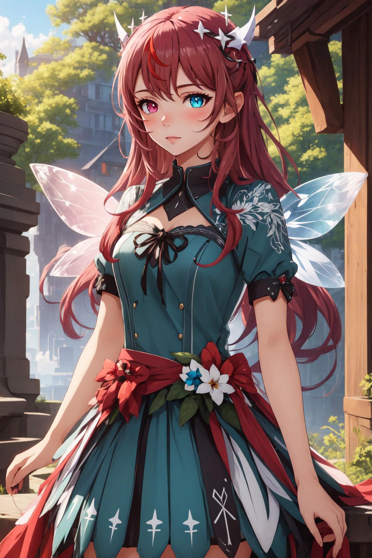 (masterpiece, best quality), intricate details,
1girl, <lora:IrysHololive:0.8> IrysHolo, heterochromia, long hair, halo, red hair,
<lora:fairy_dress-1.0:0.8> fairy dress,