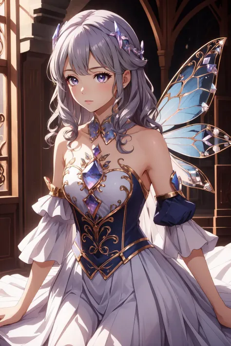 (masterpiece, best quality),  intricate details,
1girl,  <lora:CHAR-KosekiBijou:0.8> KosekiBijou, hair ornament, white dress, strapless dress, crystal, detached sleeves, asymmetrical sleeves
 <lora:fairy_dress-1.0:0.8> fairy dress,