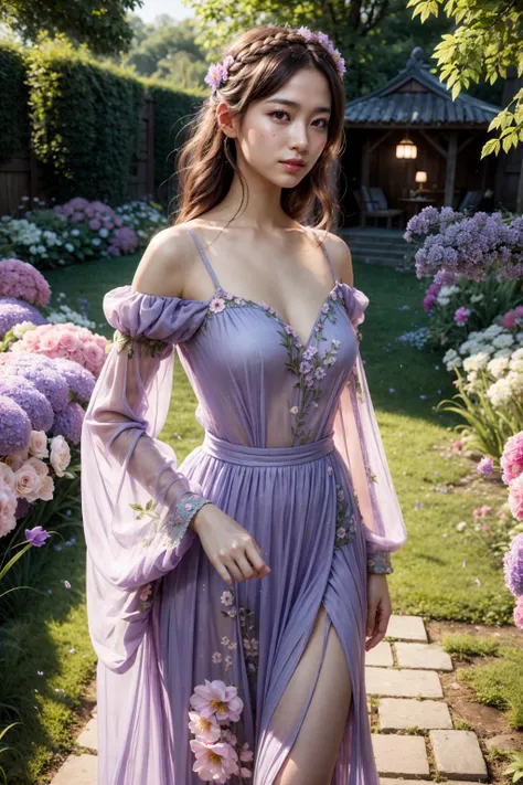 (realistic:1.3), finely detailed, quality, rembrandt lighting, (masterpiece:1.2), (photorealistic:1.2), (best quality), (detailed skin:1.3), (intricate details), dramatic, ray tracing, 1girl, japanese girl, 21 years old, detailed skin texture, (blush:0.5), (goosebumps:0.5), subsurface scattering, smiling, medium breasts, long curls, bangs, hair between eyes, hair ornaments, ((purple) fairy dress:1.1), embroidery, puffy sleeves, long sleeves, dynamic pose,  (outdoors, garden, nature, flowers), <lora:fairy_dress-1.0:0.8>