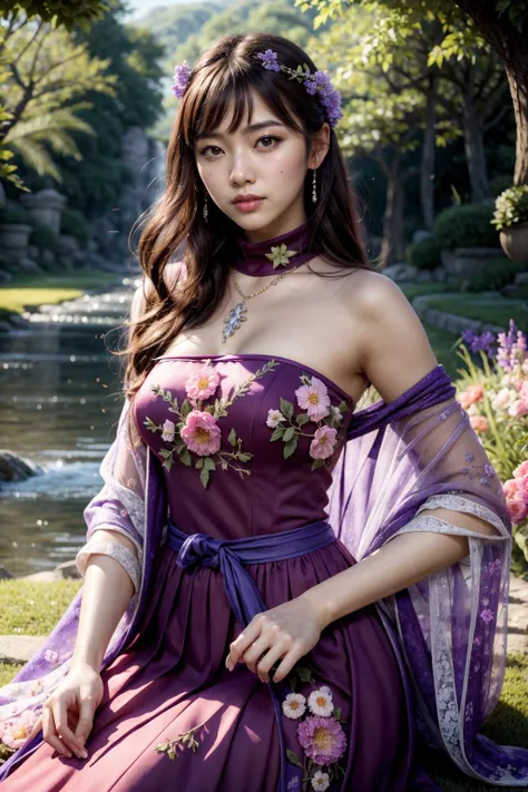 (realistic:1.3), finely detailed, quality, rembrandt lighting, (masterpiece:1.2), (photorealistic:1.2), (best quality), (detailed skin:1.3), (intricate details), dramatic, ray tracing, 1girl, japanese girl, 21 years old, detailed skin texture, (blush:0.5), (goosebumps:0.5), subsurface scattering, smiling, medium breasts, long curls, bangs, hair between eyes, hair ornaments, ((purple) fairy dress:1.1), halterneck, turtleneck, lace embroidery, bare shoulders, strapless, dynamic pose, (outdoors, garden, nature, flowers), <lora:fairy_dress-1.0:0.8>