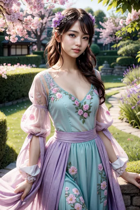 (realistic:1.3), finely detailed, quality, rembrandt lighting, (masterpiece:1.2), (photorealistic:1.2), (best quality), (detailed skin:1.3), (intricate details), dramatic, ray tracing, 1girl, japanese girl, 21 years old, detailed skin texture, (blush:0.5), (goosebumps:0.5), subsurface scattering, smiling, medium breasts, long curls, bangs, hair between eyes, hair ornaments, ((purple) fairy dress:1.1), embroidery, puffy sleeves, long sleeves, dynamic pose, (outdoors, garden, nature, flowers), <lora:fairy_dress-1.0:0.8>