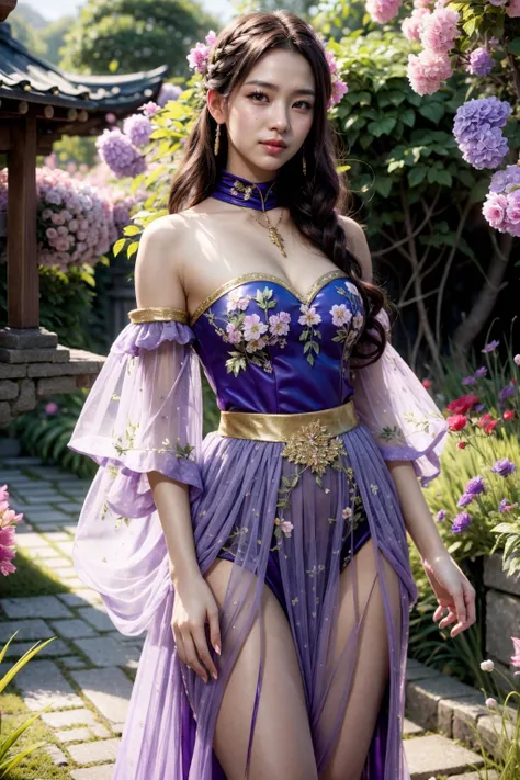 (realistic:1.3), finely detailed, quality, rembrandt lighting, (masterpiece:1.2), (photorealistic:1.2), (best quality), (detailed skin:1.3), (intricate details), dramatic, ray tracing, 1girl, japanese girl, 2, detailed skin texture, (blush:0.5), (goosebumps:0.5), subsurface scattering, smiling, medium breasts, long curls, bangs, hair between eyes, hair ornaments, ((purple) fairy dress:1.1), halterneck, turtleneck, lace embroidery, bare shoulders, strapless, dynamic pose, (outdoors, garden, nature, flowers),