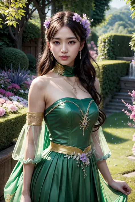 (realistic:1.3), finely detailed, quality, rembrandt lighting, (masterpiece:1.2), (photorealistic:1.2), (best quality), (detailed skin:1.3), (intricate details), dramatic, ray tracing, 1girl, japanese girl, 21 years old, detailed skin texture, (blush:0.5), (goosebumps:0.5), subsurface scattering, smiling, medium breasts, long curls, bangs, hair between eyes, hair ornaments, ((purple) fairy dress:1.1), halterneck, turtleneck, lace, gold thread, bare shoulders, strapless, detached sleeves, see-through, dynamic pose, (outdoors, garden, nature, flowers), <lora:fairy_dress-1.0:0.8>