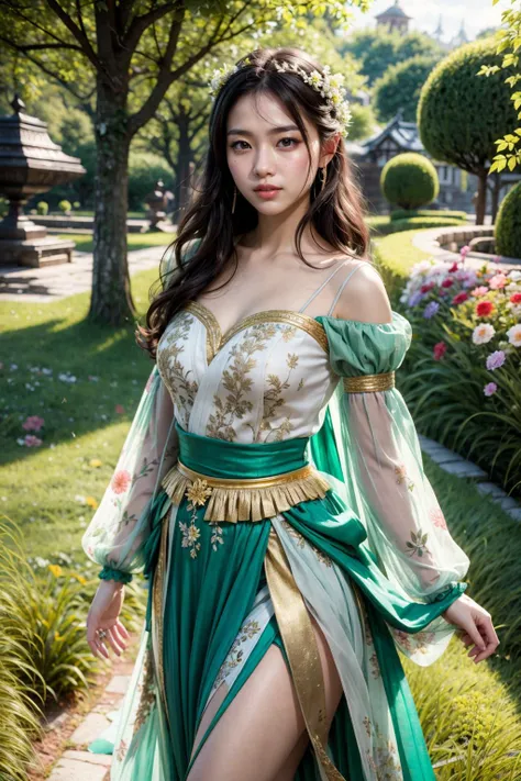 8K ultra hd, masterpiece,1 girl, ((realistic face)), detailed eyes, ((very long hair)), flowing hair, small breasts, royal dress, decorated dress, green dress, anitque jwellery, detailed lacing, flowing cape, bare navel, moon light, amazing night outdoor, spot lights, glowing lights, depth of field, ray tracing, bloom, realistic shadow, tyndal effect, spreding, lights, looking at the audience, attractive pose, sitting,