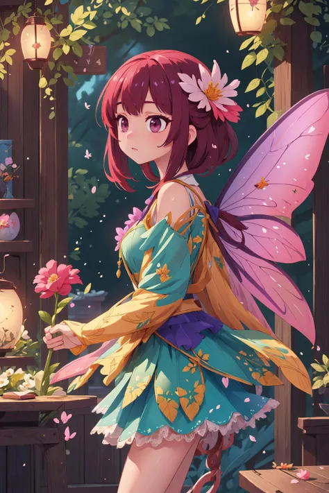 ((masterpiece)), (best quality), official art, extremely detailed CG, unity 8k wallpaper, ultra detailed,
fairy dress, fairy girl, short skirt, flying, flowers, sheer, lace, burgundy,
Skyborne marketplace with floating stalls and enchanted wares, from side,
<lora:fairy_dress-1.0:0.8>