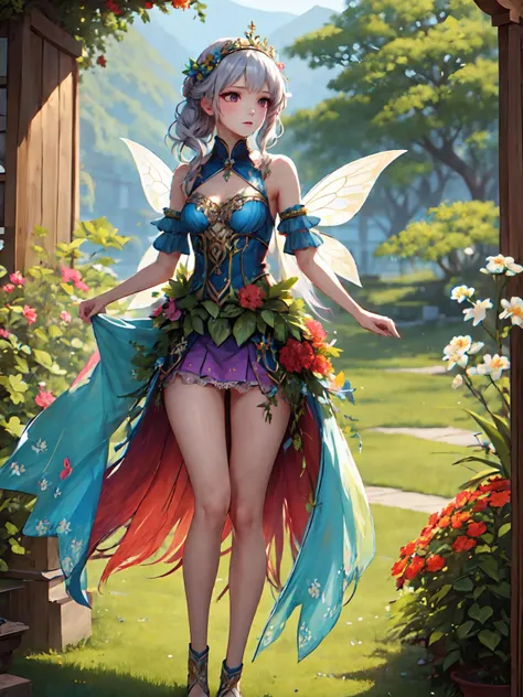 Adult 25 years old woman Flying fairy living in the fairy forest fairy wearing fairy clothes design outfit full body standing
