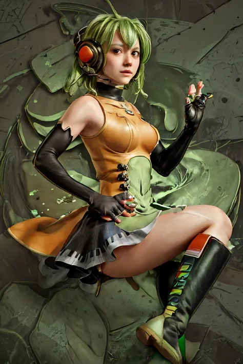 (masterpiece, best quality), 1girl, <lora:StS-FLChan-Try5:1> StSFLChan, ahoge, green hair, short hair, headphones, elbow gloves, fingerless gloves, knee boots, skirt