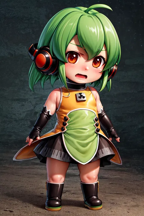 stsflchan, 1girl, (chibi), full body, green hair, ahoge, short hair, elbow gloves, headphones, red eyes, (frown, open mouth, dutch angle), [fingerless gloves, skirt, knee boots], looking at viewer, bare shoulders, skindentation, toon \(style\), highres, absurdres, ultra-detailed, illustration, colorful, masterpiece, best quality, 4k, (extremely detailed), tracing, soft shadows, detailed face, textured skin, extremely realistic, detailed background, <lora:StS-FLChan:0.7>, <lora:more_details:0.2>