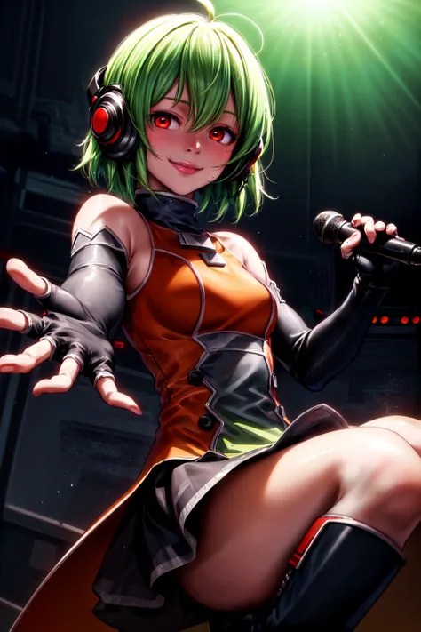 stsflchan, 1girl, (outstretched hand, reaching towards viewer, foreshortening), cowboy shot, green hair, ahoge, short hair, elbow gloves, headphones, red eyes, (smile), [fingerless gloves, skirt, knee boots], looking at viewer, bare shoulders, skindentation, (stage) background, concert, realistic, highres, absurdres, ultra-detailed, illustration, colorful, masterpiece, best quality, 4k, (extremely detailed), tracing, soft shadows, detailed face, textured skin, extremely realistic, detailed background, <lora:StS-FLChan:0.7>, <lora:more_details:0.5>, <lora:GoodHands-vanilla:0.4>