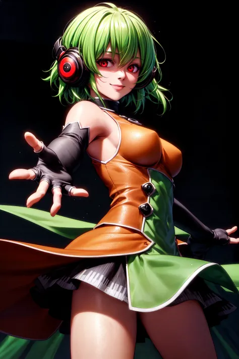 stsflchan, 1girl, (outstretched hand, reaching towards viewer, foreshortening), cowboy shot, green hair, ahoge, short hair, elbow gloves, headphones, red eyes, (smile), [fingerless gloves, skirt, knee boots], looking at viewer,  shoulders, , (stage) background, concert, realistic, highres, absurdres, ultra-detailed, illustration, colorful, masterpiece, best quality, 4k, (extremely detailed), tracing, soft shadows, detailed face, textured skin, extremely realistic, detailed background, LORA, <lora:more_details:0.5>, <lora:GoodHands-vanilla:0.4>