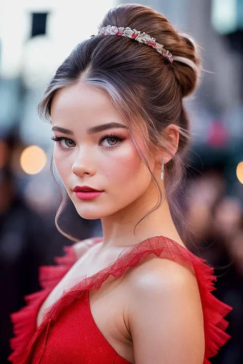 photo of beautiful (nadbreaty:0.99), a woman with beautiful hair, hair upsweep updo, as a movie star in a (movie premiere), premiere gala, (near a movie theatre), natural skin texture, (elegant red ruffled dress), 24mm, 4k textures, soft cinematic light, adobe lightroom, photolab, hdr, intricate, elegant, highly detailed, sharp focus, ((((cinematic look)))), soothing tones, insane details, intricate details, hyperdetailed, low contrast, soft cinematic light, exposure blend, hdr, faded, (paparazzi in background), (painted lips:1.1), ((looking straight at the camera:1.1))