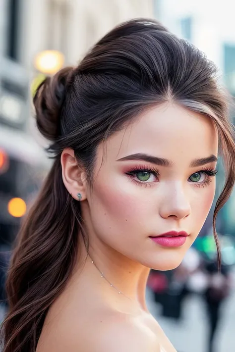 photo of beautiful (nadbreaty:0.99), a woman with beautiful hair, hair upsweep updo, as a movie star in a (movie premiere), premiere gala, (near a movie theatre), natural skin texture, (elegant green ruffled dress), 24mm, 4k textures, soft cinematic light, adobe lightroom, photolab, hdr, intricate, elegant, highly detailed, sharp focus, ((((cinematic look)))), soothing tones, insane details, intricate details, hyperdetailed, low contrast, soft cinematic light, exposure blend, hdr, faded, (paparazzi in background), (painted lips:1.1), ((looking straight at the camera:1.1))