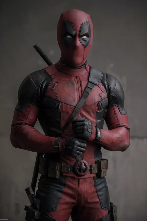 Deadpool,photography,trending on artstation,wearing mask,studio photo,intricate details,sharp focus,by greg rutkowski,highly detailed,<lora:Deadpool:0.5>,white eyes,holding gun,