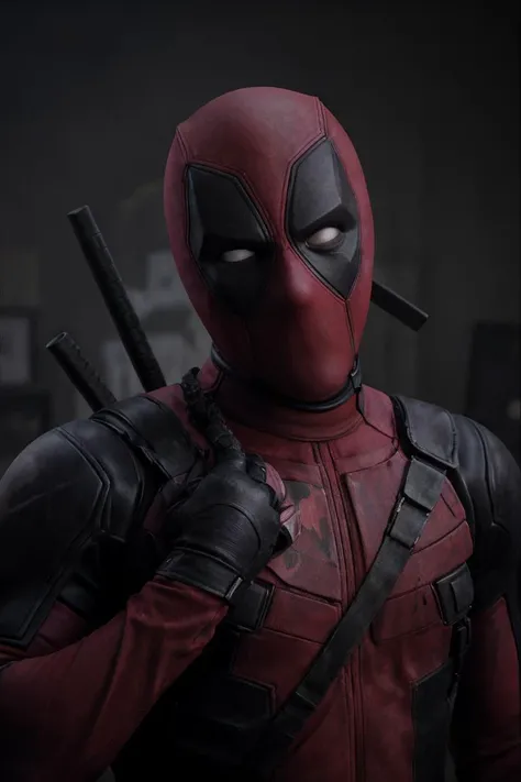 Deadpool,photography,trending on artstation,wearing mask,studio photo,intricate details,sharp focus,by greg rutkowski,highly detailed,<lora:Deadpool:0.5>,white eyes,holding gun,