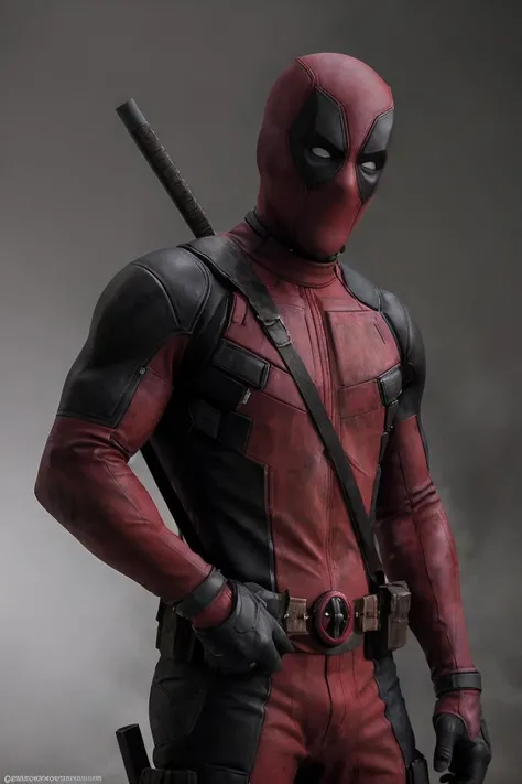 Deadpool,photography,trending on artstation,wearing mask,studio photo,intricate details,sharp focus,by greg rutkowski,highly detailed,<lora:Deadpool:0.5>,white eyes,holding gun,