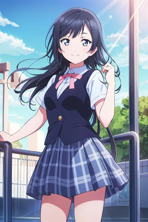 (best quality, masterpiece:1.2), 1girl, solo, anime, anime screencap,  ray tracing, global illumination, ultra resolution image, vivid color,  cinematic light,  lens flare,  light on face, glow eyes,  depth of field, happy, detailed background, cute,  straight-on, smile, looking at viewer, outdoors, sky, cloud, 
 <lora:A_Yuki Setsuna SSU:0.8> yuki setsuna, cowboy shot