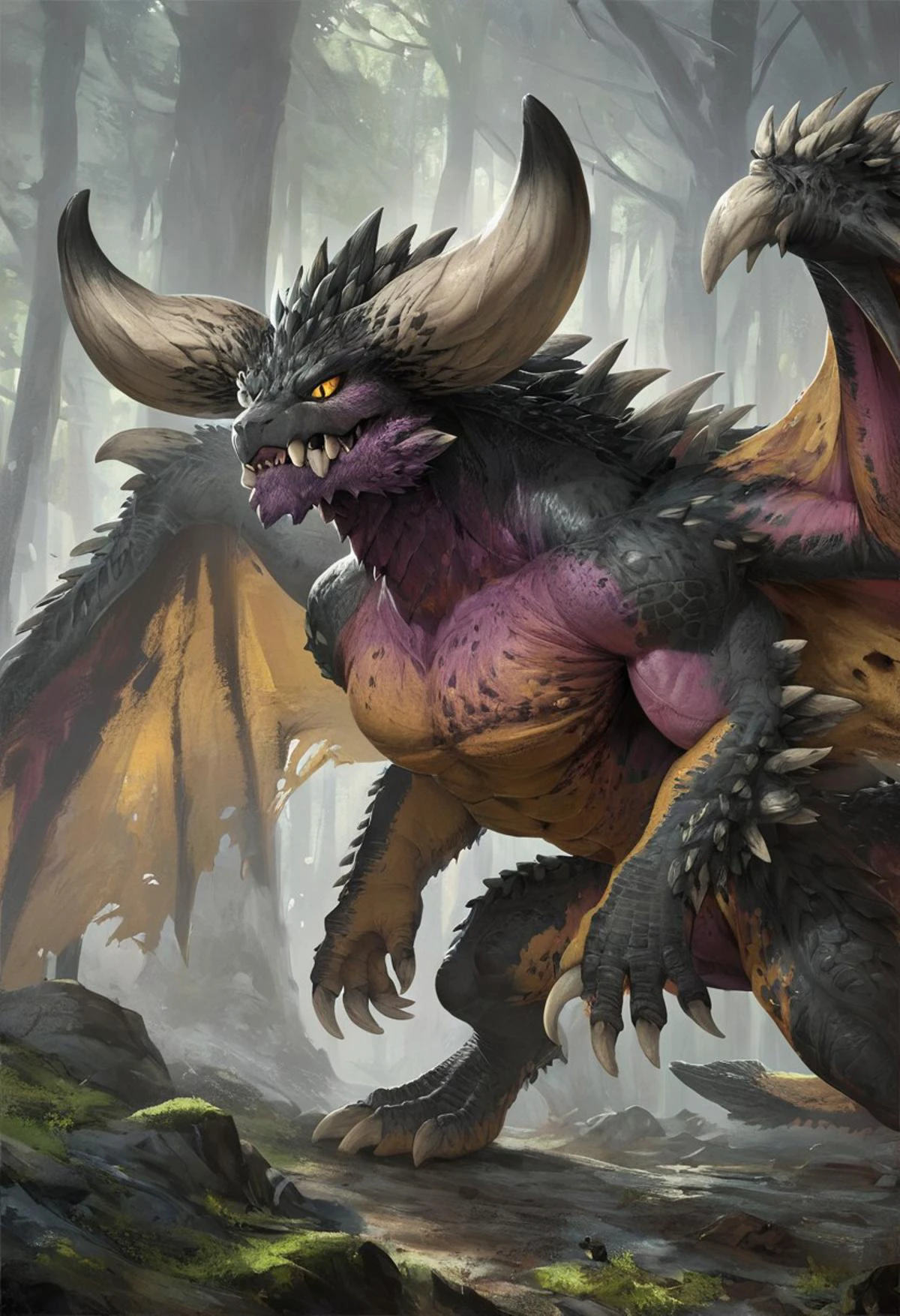 score_9,score_8_up,score_7_up,
(dragon), solo, ((male, feral, nergigante, Perfect body proportions)), horns, wings, yellow eyes, tail, claws, Small head, big body,
hi-res, detailed face, (good anatomy),
1tail, forest, extreme detail, yellow eyes, no sclera, wings, slit pupils, sharp teeth,
dynamic lighting, cinematic lighting, yellow eyes, no sclera, three-quarter view, wings,slit pupils, closed mouth, fangs,
(detailed scales), detailed background, (detailed eyes),