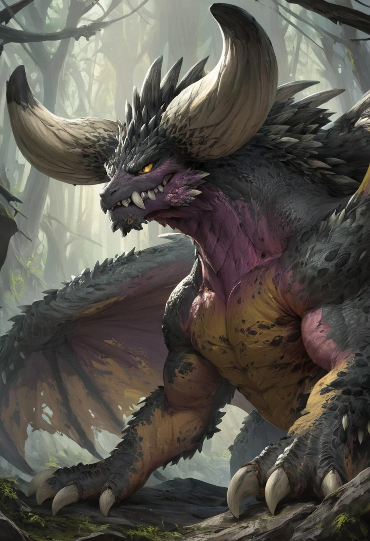 score_9,score_8_up,score_7_up,
(dragon), solo, ((male, feral, nergigante, Perfect body proportions)), horns, wings, yellow eyes, tail, claws, Small head, big body,
hi-res, detailed face, (good anatomy),
1tail, forest, extreme detail, yellow eyes, no sclera, wings, slit pupils, sharp teeth,
dynamic lighting, cinematic lighting, yellow eyes, no sclera, three-quarter view, wings,slit pupils, closed mouth, fangs,
(detailed scales), detailed background, (detailed eyes),