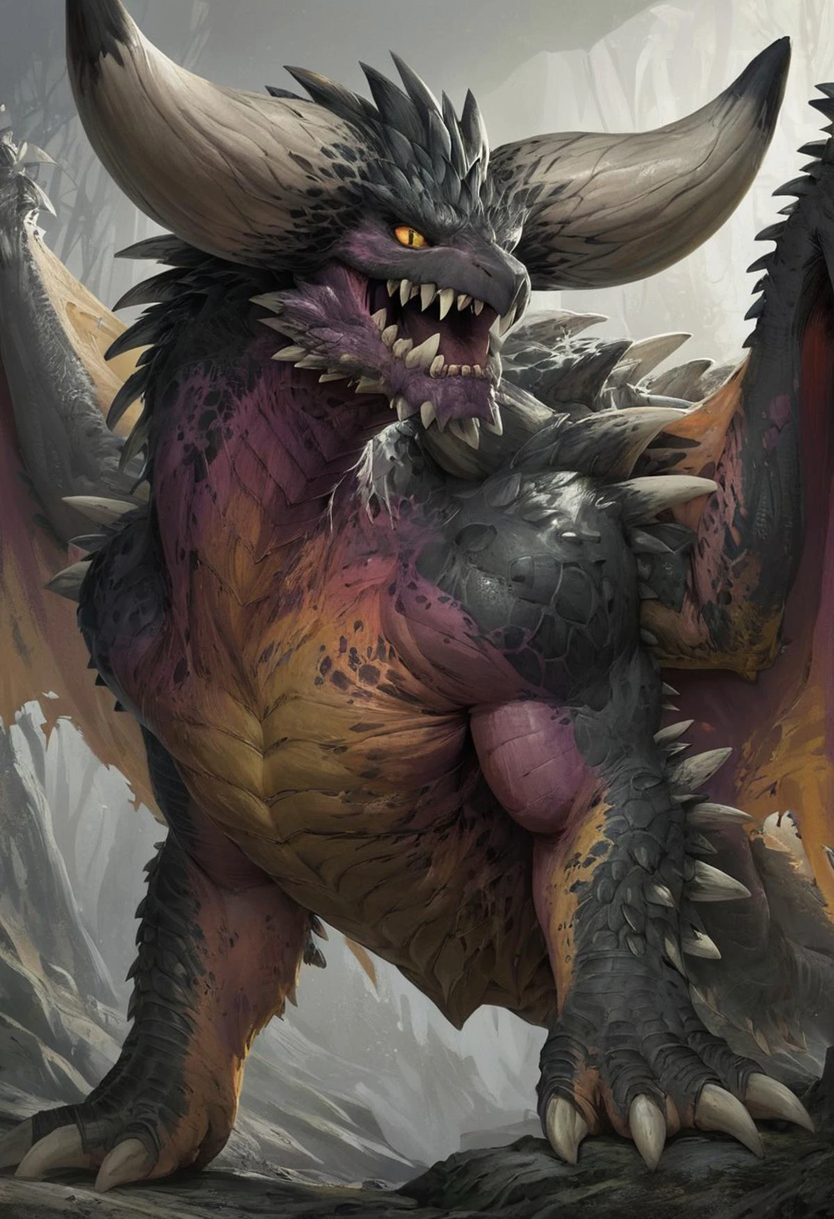 score_9,score_8_up,score_7_up,
(dragon), solo, ((male, feral, nergigante, Perfect body proportions)), horns, wings, yellow eyes, tail, claws, Small head, big body,
hi-res, detailed face, (good anatomy),
1tail, forest, extreme detail, yellow eyes, no sclera, wings, slit pupils, sharp teeth,
dynamic lighting, cinematic lighting, yellow eyes, no sclera, three-quarter view, wings,slit pupils, closed mouth, fangs,
(detailed scales), detailed background, (detailed eyes),