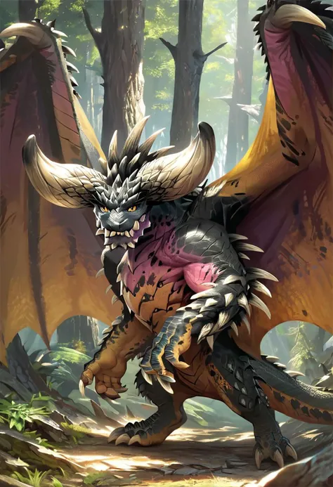 source_furry, score_9, score_8_up, score_7_up, (masterpiece, best quality:1.2), (perfect hands, perfect anatomy), feral, (detailed face, detailed body), detailed background, forest, nergigante, solo, male, wings, Quadruped,wings,hand on ground,slit pupils,