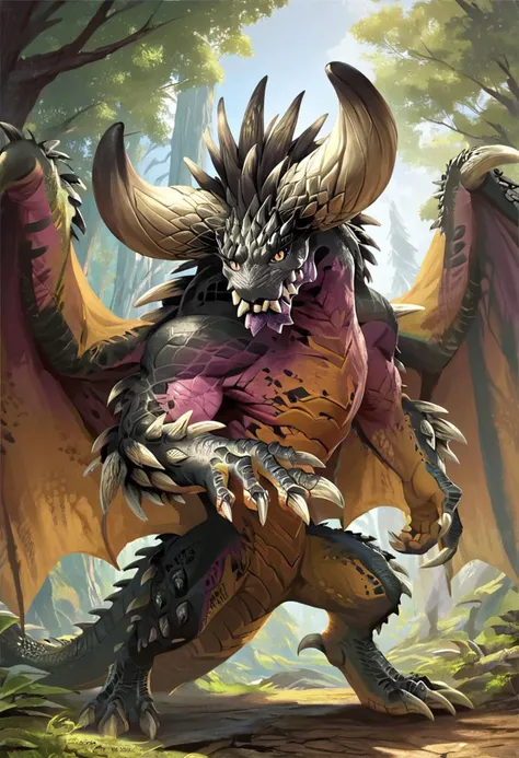 source_furry, score_9, score_8_up, score_7_up, (masterpiece, best quality:1.2), (perfect hands, perfect anatomy), feral, (detailed face, detailed body), detailed background, forest, nergigante, solo, male, wings, Quadruped,wings,hand on ground,slit pupils,