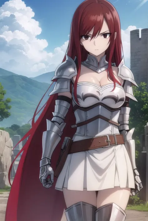 erzascarlet, <lyco:erzascarlet-lyco-nochekaiser:1>,
erza scarlet, long hair, (red hair:1.5), hair between eyes, (brown eyes:1.5),
skirt, thighhighs, cleavage, boots, belt, sword, cape, armor, gauntlets, armored boots, greaves, knight,
BREAK outdoors, castle, sky, cloud, sun, forest,
BREAK looking at viewer, (cowboy shot:1.5),
BREAK <lyco:GoodHands-beta2:1>, (masterpiece:1.2), best quality, high resolution, unity 8k wallpaper, (illustration:0.8), (beautiful detailed eyes:1.6), extremely detailed face, perfect lighting, extremely detailed CG, (perfect hands, perfect anatomy),