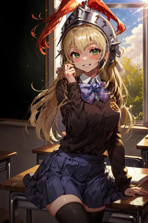 masterpiece,best quality,1girl,dumbface,blonde hair,long hair,helmet,green eyes,thighhighs,long sleeves,long hair,bow,school uniform,smile,classroom,sunlight,<lora:dumbface:0.9>,