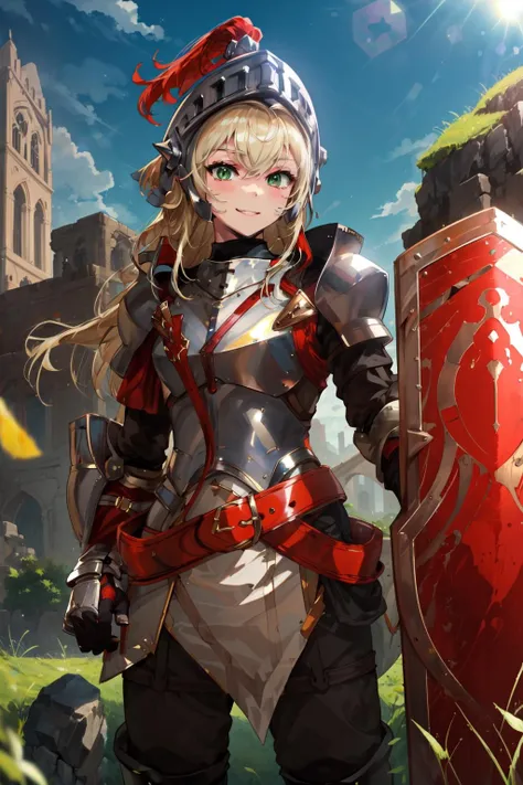 masterpiece,best quality,1girl,dumbface,blonde hair,long hair,helmet,green eyes,weapon,boots,belt,armor,gauntlets,shield,smile,grass,sunlight,<lora:dumbface:0.8>,