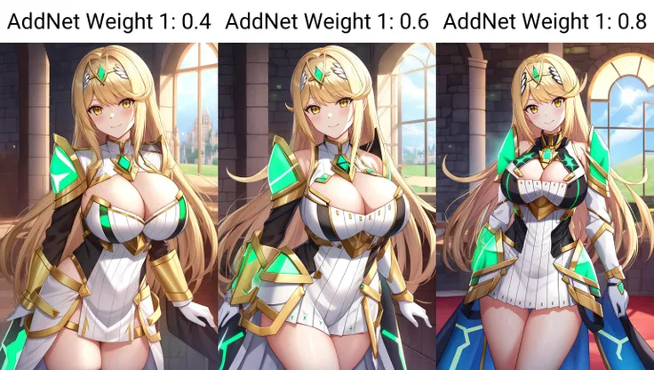 mythra, 1girl, solo, long_hair, breasts, looking_at_viewer, smile, bangs, blonde_hair, large_breasts, cleavage, yellow_eyes, armor, indoor, castle, glowing