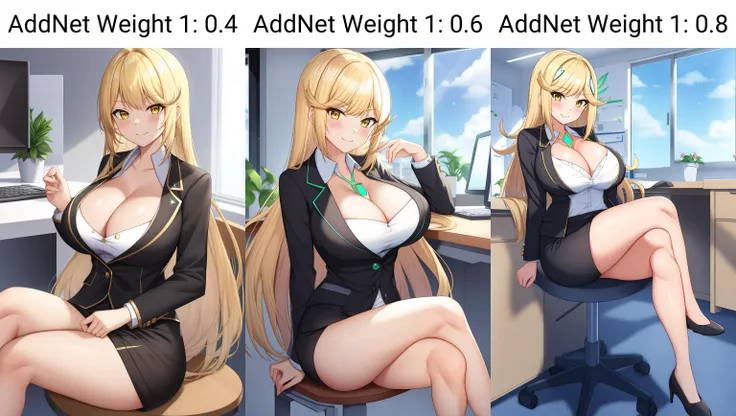 mythra, 1girl, solo, long_hair, breasts, looking_at_viewer, smile, bangs, blonde_hair, large_breasts, cleavage, yellow_eyes, office, formal, office_lady, sitting, crossed_legs, table, computer