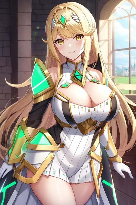 mythra, 1girl, solo, long_hair, breasts, looking_at_viewer, smile, bangs, blonde_hair, large_breasts, cleavage, yellow_eyes, armor, indoor, castle, glowing