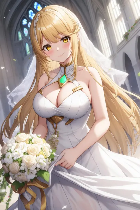 mythra, 1girl, solo, long_hair, breasts, looking_at_viewer, smile, bangs, blonde_hair, large_breasts, yellow_eyes, white_dress, wedding, wedding_dress, church, holding_flowers, upper_body