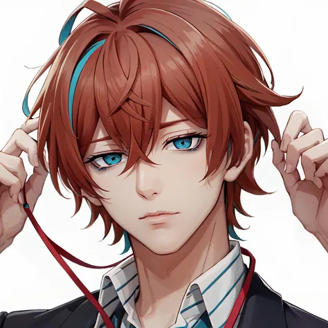 kannonzaka doppo\(hypnosis mic\), 1boy, solo, looking at viewer, male focus, short hair, blue eyes, bags under eyes, orange hair, multicolored hair, hair between eyes, blue hair, collared shirt, lanyard, close-up