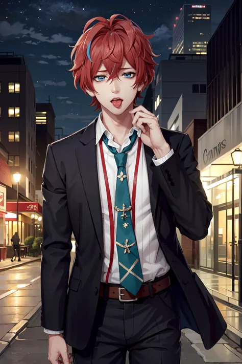 kannonzaka doppo\(hypnosis mic\), 1boy, solo, shaft look, male focus, short hair, blue eyes, bags under eyes, orange hair, multicolored hair, hair between eyes, blue hair, tongue, tongue out, streaked hair, sad, jacket, white shirt, necktie, collared shirt, belt, pants, black jacket, black pants, formal, suit, red hair, green necktie, holding neck, night